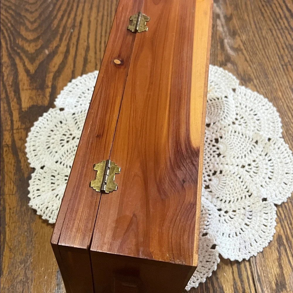 Vintage cedar Carved Wooden Jewelry Box with Painted Cottage Scene - Brown